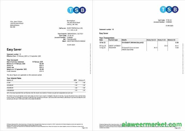 UK TSB Bank account statement Word and PDF template, 2 pages